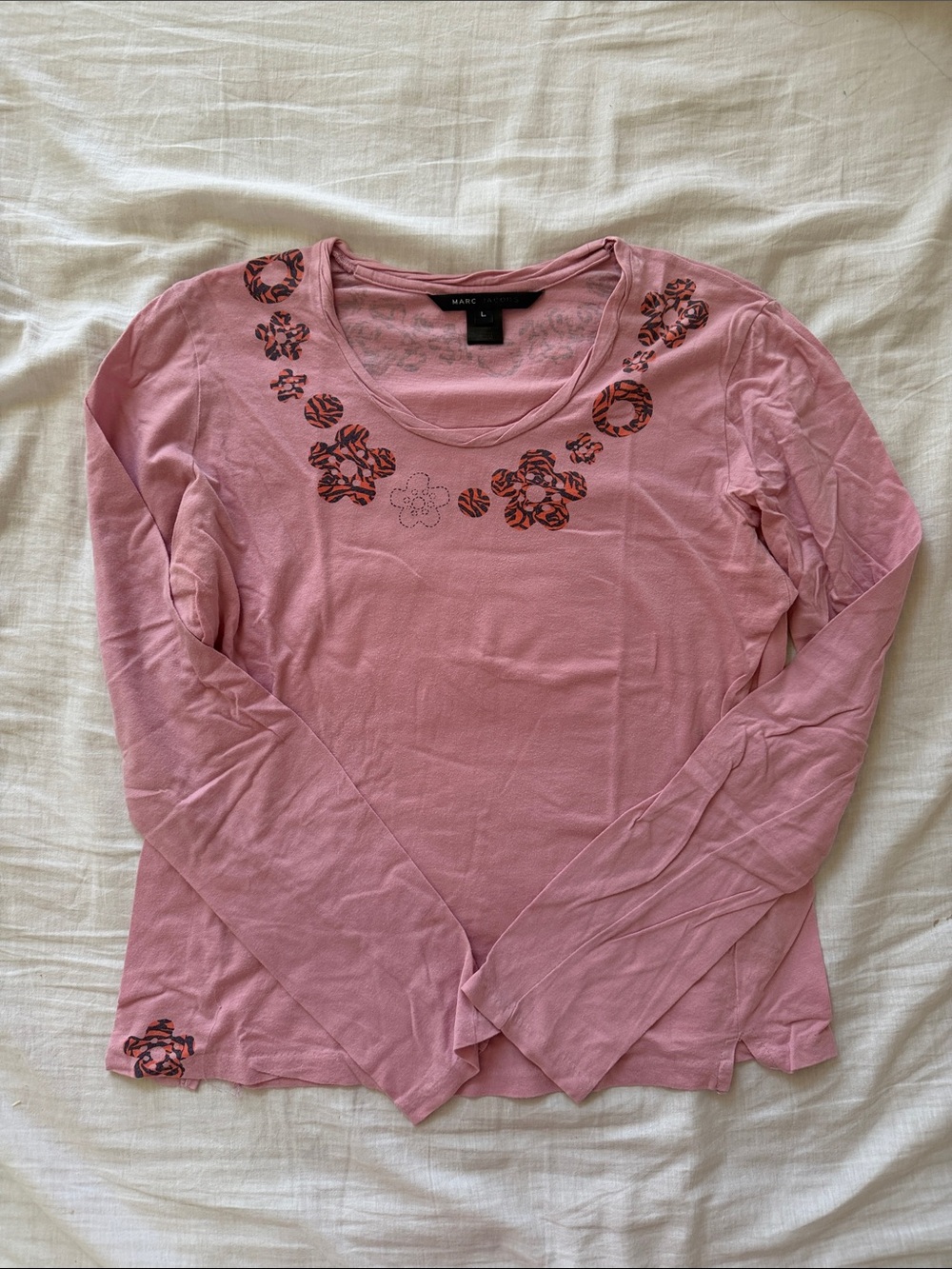 Marc by Marc Jacobs Pink Long-Sleeve Scoop Neck Top with Floral Accents